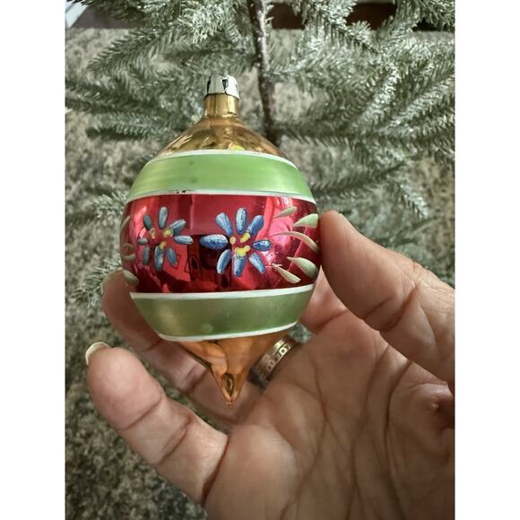 Vintage HandBlown Mercury Glass Tear Drop & Floral Design Ornament*POLAND*3.75”* - Picture 1 of 3